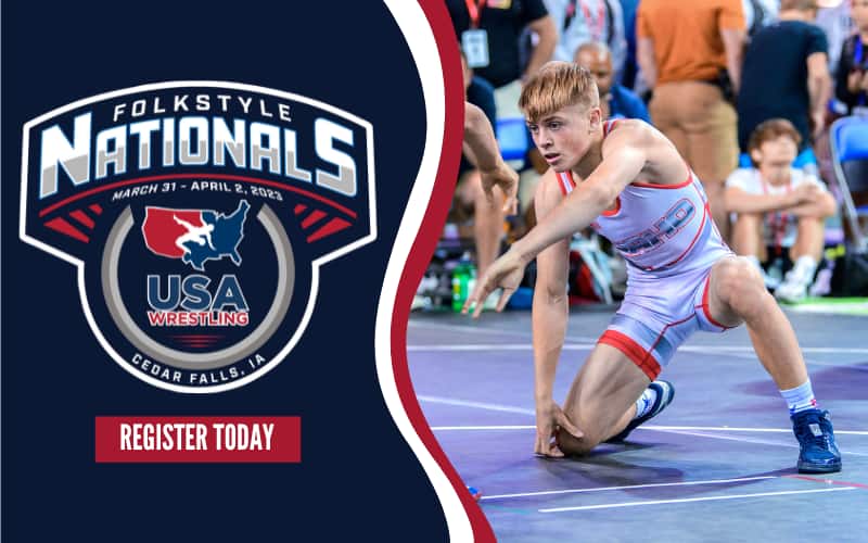 2023 USA Wrestling Folkstyle Nationals logo with 2022 Triple Crown winner Mack Mauger of Idaho featured.