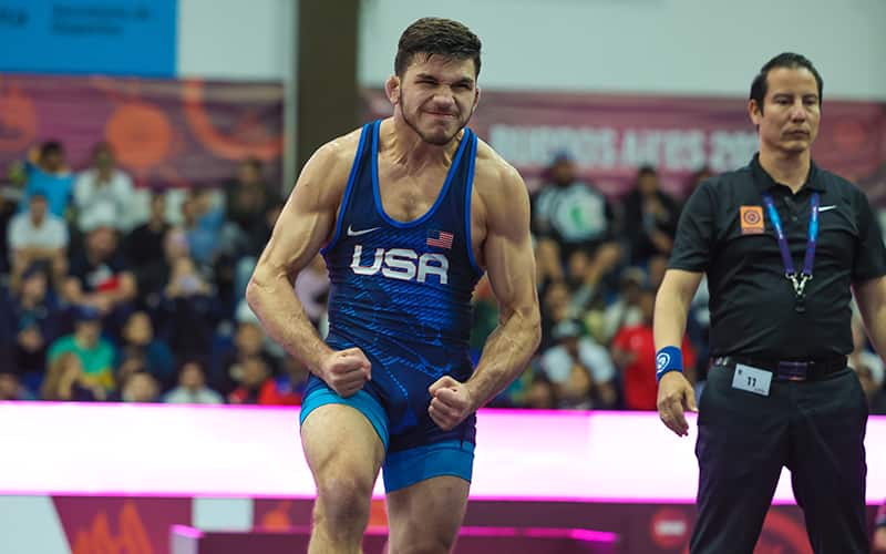 Yianni Diakomihalis celebrates his finals victory at the 2023 Pan-American Championships. (Kadir Caliskan/United World Wrestling)