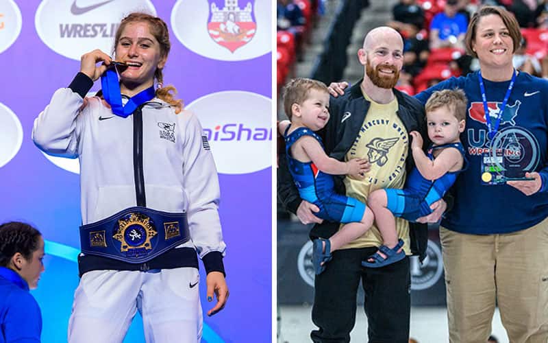 Amit Elor bites her 2022 Senior World gold medal; Nate Engel with his two children receive Coach of the Year Award from National Coach Katie Kreibel
