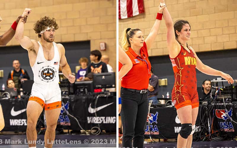 Daton Fix and Adeline Gray have their arms raised in victory at the World Team Trials Challenge Tournament