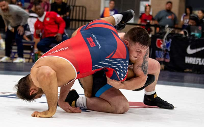 Mason Parris scores a takedown on Nick Gwiazdowski during World Team Trials Challenge Tournament.