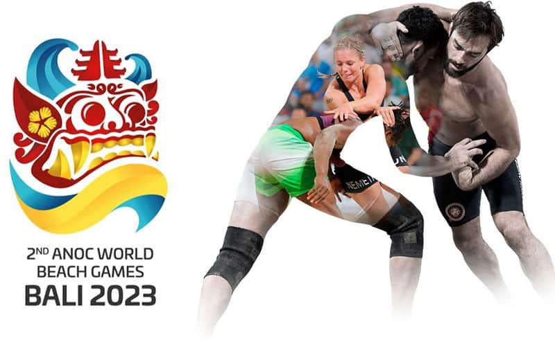 ANOC World Beach Games Bali logo, and ANOC graphic for Beach Wrestling