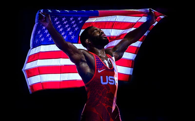 Jordan Burroughs at the 2022 World Championships. Photo by Tony Rotundo.
