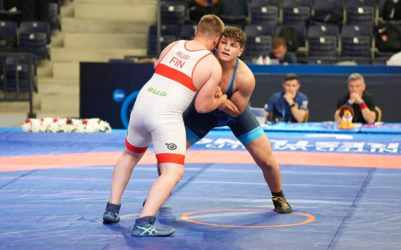 Nicholas Sahakian (USA) pummels for position against Tomas Rusi (Finland) in U17 Worlds repechage match.