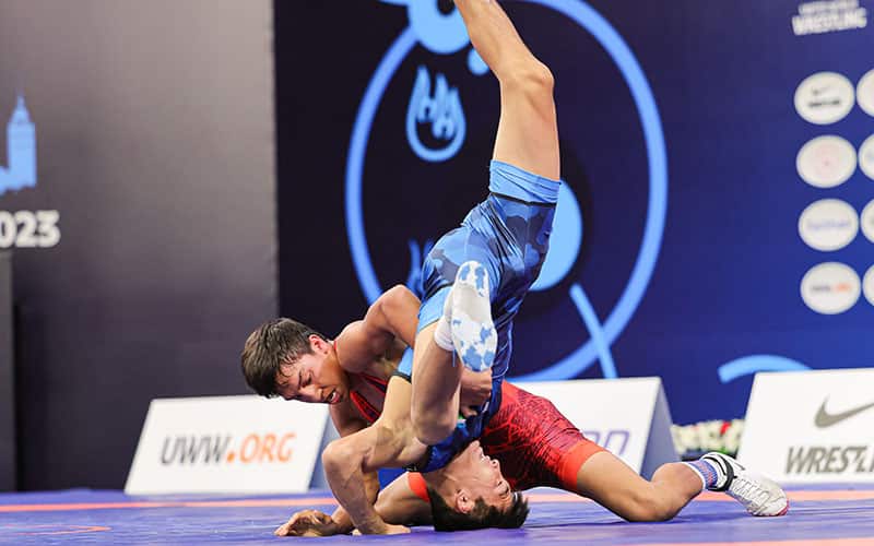 Jordyn Raney (USA) stacks up an opponent at the 2023 U17 Worlds in Greco-Roman.