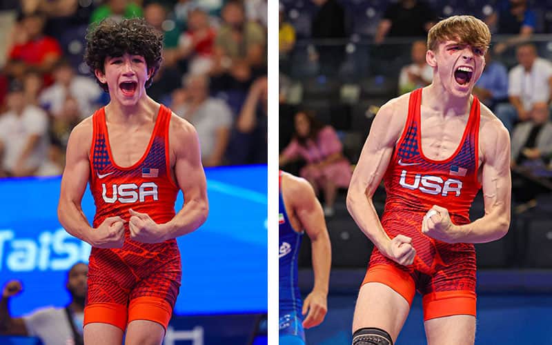 Paul Kenny and Marcus Blaze, U17 World champions from the United States, celebrate in Istanbul, Turkey.