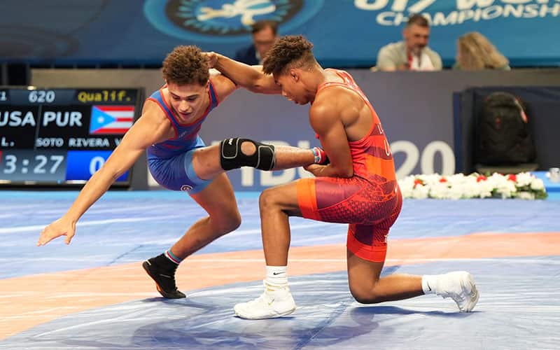 Ladarion Lockett (USA) gets ankle pick takedown against Victor Soto Rivera (Puerto Rico) at the 2023 U17 World Championships