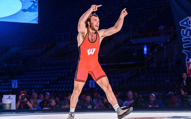 Noah Mulvaney (Wisconsin) celebrates his 170-pound Junior freestyle national title in Fargo.