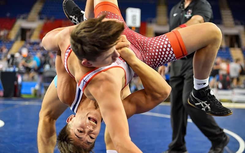 U17 World champion Joel Adams showcased his big-move potential during the opening session of Junior Greco-Roman Nationals in Fargo, N.D. (Ty Lundquist, MatFocus.com)