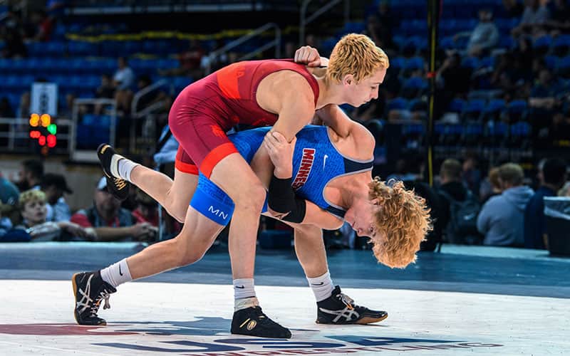 Titan Friederichs (Minnesota) tech fall Hunter Knox (Oklahoma), 8-0 in 2023 U16 Greco-Roman Nationals semifinals.