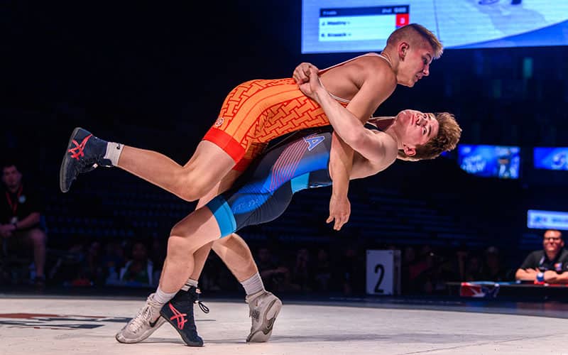 Kyler Knaack (IA) tosses JImmy Mastny (IL) in 2023 16U Greco-Roman finals at 152 pounds.