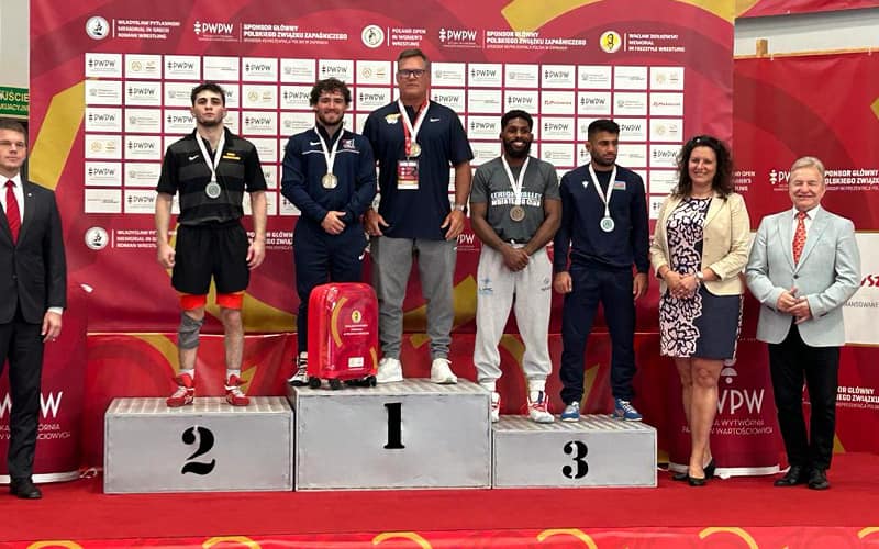 Daton Fix (gold), Austin DeSanto (silver), Nahshon Garrett (bronze) at 61 kg in Poland. Photo by Joe Russell.