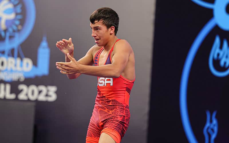 Jordyn Raney (USA) claps his hands after a win at the 2023 U17 Greco-Roman World Championships in Istanbul.