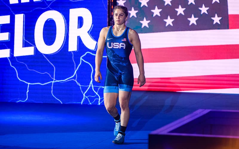 Amit Elor walks to the mat at the 2022 World Championships. Photo by Tony Rotundo.