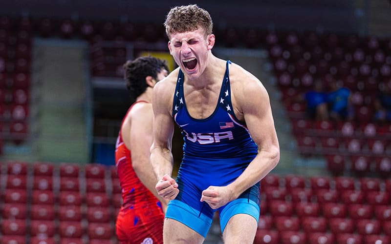 Mitchell Mesenbrink at the 2022 U20 World Championships. Photo by Kadir Caliskan, United World Wrestling.