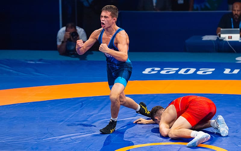 Luke Lilledahl celebrates his U20 Worlds semifinal win. Photo by Richard Immel.