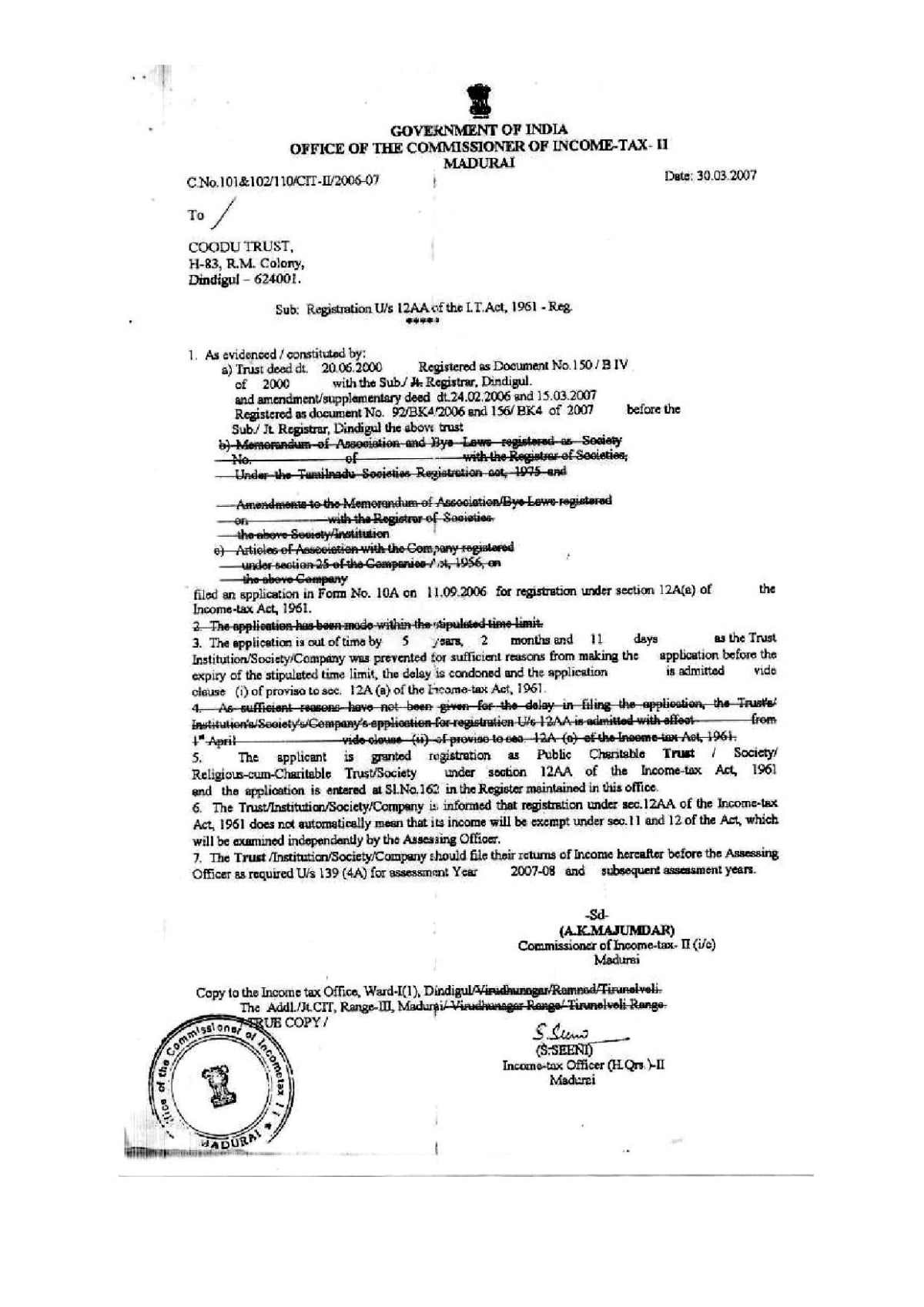 Income Tax Department order registering Coodu Trust under Section 12A