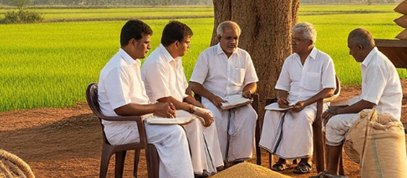 Farmers seated under a tree with notebooks beside a paddy field
