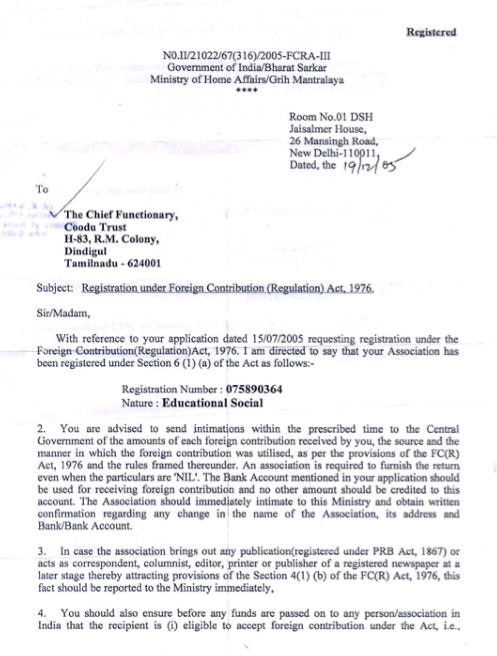Ministry of Home Affairs certificate registering Coodu Trust under the Foreign Contribution Regulation Act