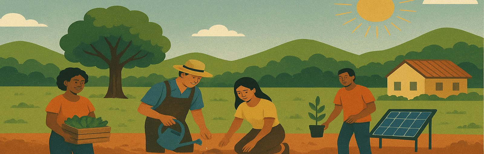 Illustration of four villagers planting and harvesting in a field, with a tree, a house and a solar panel behind them