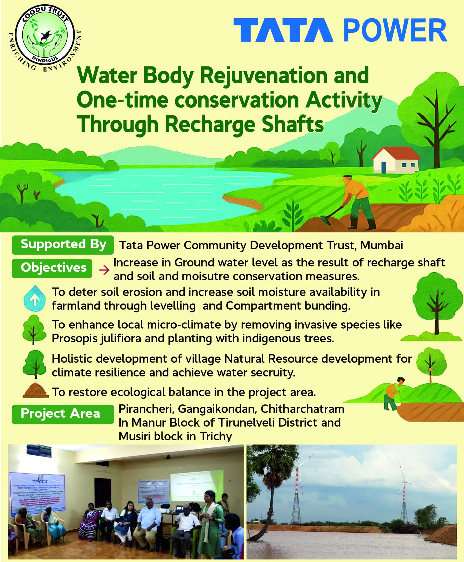 A printed project summary sheet headed &ldquo;Water Body Rejuvenation and One-time conservation Activity Through Recharge Shafts&rdquo;, carrying the Coodu Trust logo and the Tata Power wordmark, an illustrated landscape of a full tank and ploughed fields, a list of objectives, and two photographs of an indoor training session and a filled water body