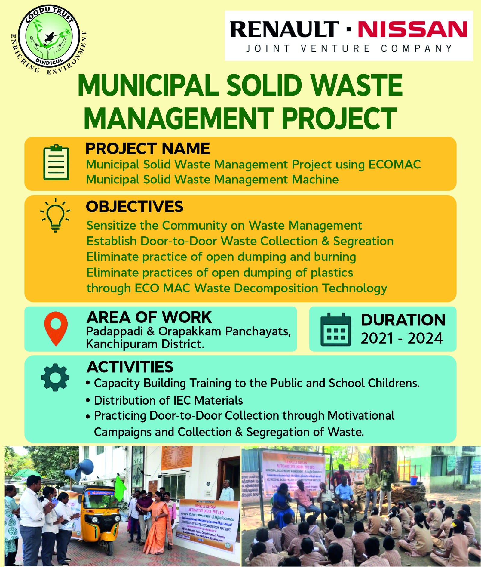A printed project summary sheet headed &ldquo;Municipal Solid Waste Management Project&rdquo;, carrying the Coodu Trust logo and the Renault&middot;Nissan Joint Venture Company mark, panels for project name, objectives, area of work, duration and activities, and two photographs of a collection auto-rickshaw and a school awareness session