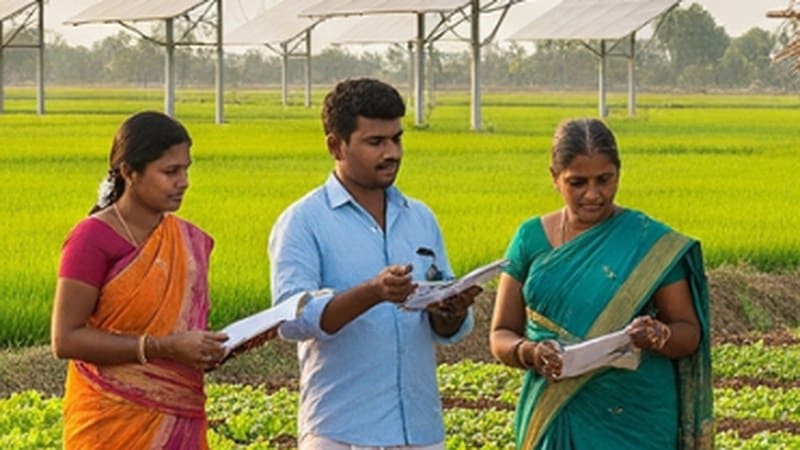 Three extension workers with datasheets standing in a paddy field in front of a solar array