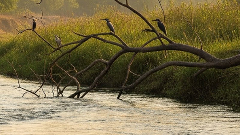 Water birds perched on a fallen branch over a river fringed with reeds