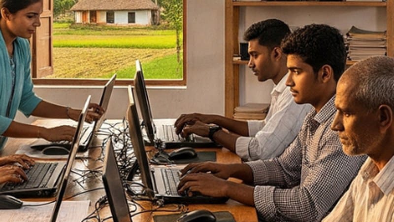 Learners of mixed ages at rows of desktop computers in a village computer room
