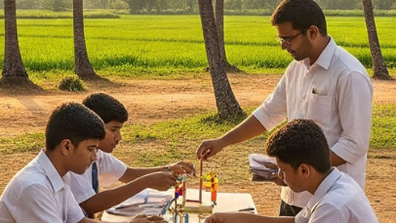 A teacher working through a science model with school students at an outdoor table