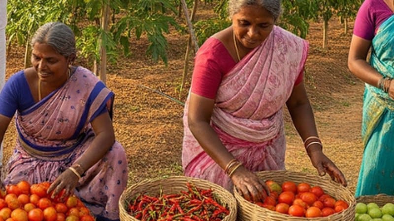 Women sorting tomatoes, chillies and limes into wicker baskets at a harvest