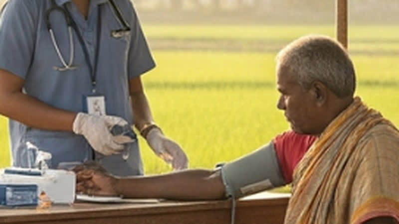 A nurse with a stethoscope taking an elderly man&rsquo;s blood pressure at an outdoor clinic table