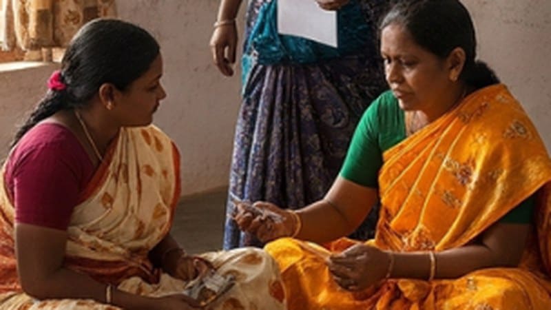 Women seated together, one passing a banknote to another during a group savings session
