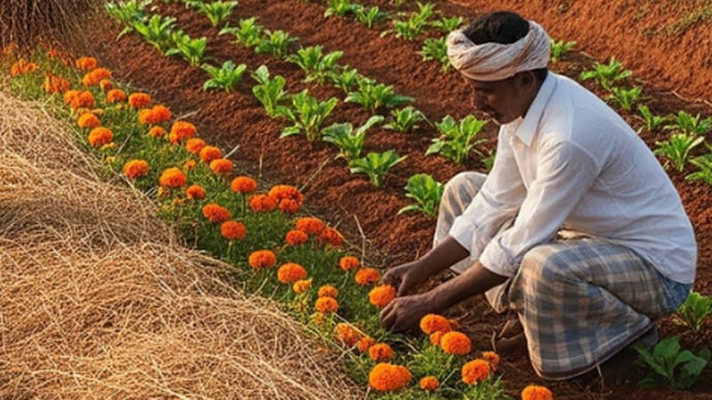 A farmer tending rows of marigolds beside vegetable beds on red soil, mulch alongside