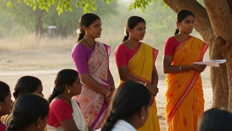 Women addressing a seated group of women at an outdoor community meeting under a tree