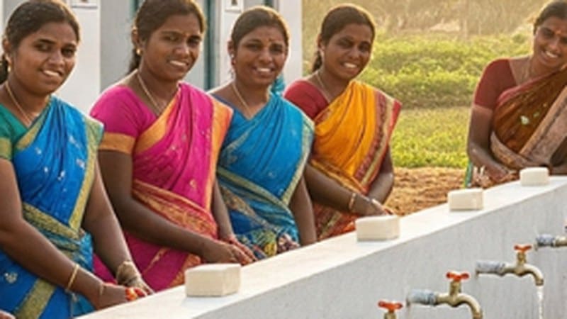A row of taps on a communal handwashing platform with soap, women washing their hands