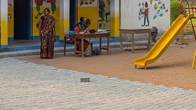 A painted school block with murals, new paving and play equipment in the yard
