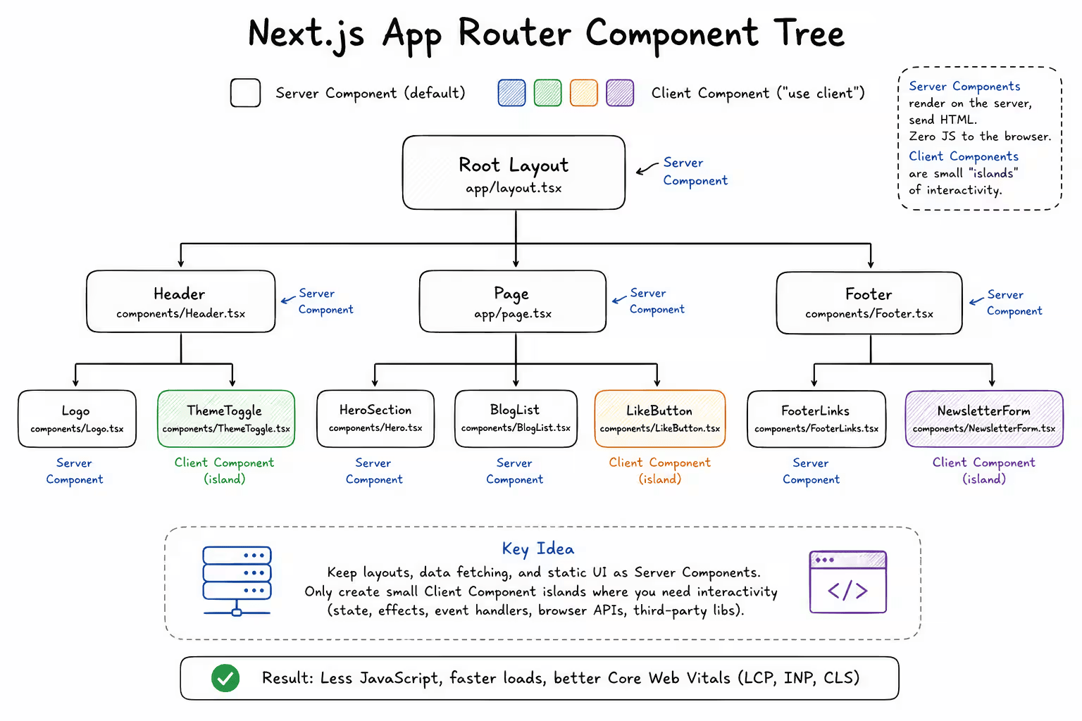 Next.js App Router component tree diagram showing Server Components wrapping Client Component islands