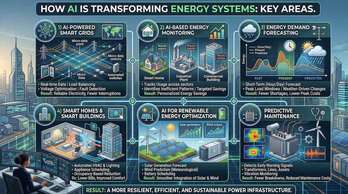 Key Areas of AI Integration in Modern Power Systems Infographic showing 6 ways AI transforms energy: smart grids, consumption monitoring, demand forecasting, smart buildings, renewable optimization, and predictive maintenance.