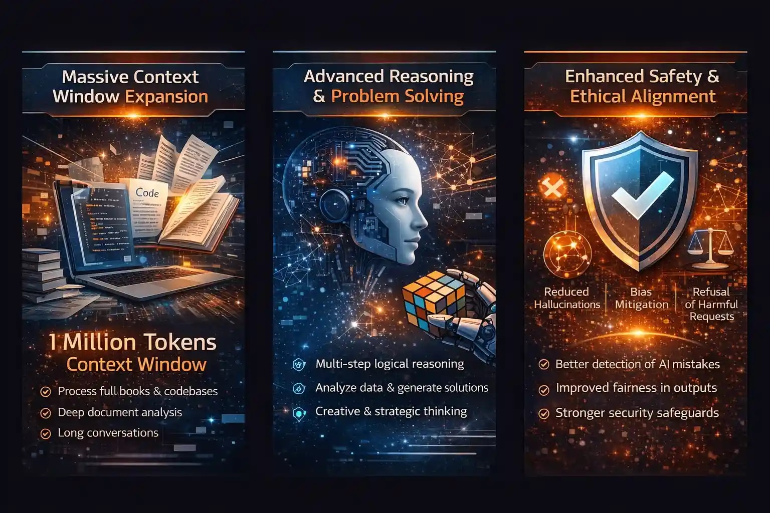 Claude Opus 4.7 context window 1 million tokens,advanced reasoning and problem solving and AI safety and ethical alignment infographic