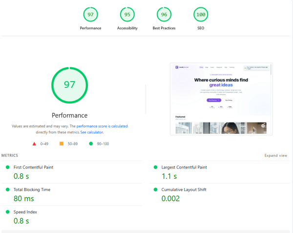 Google PageSpeed Insights showing Core Web Vitals scores for a Next.js website including LCP INP and CLS