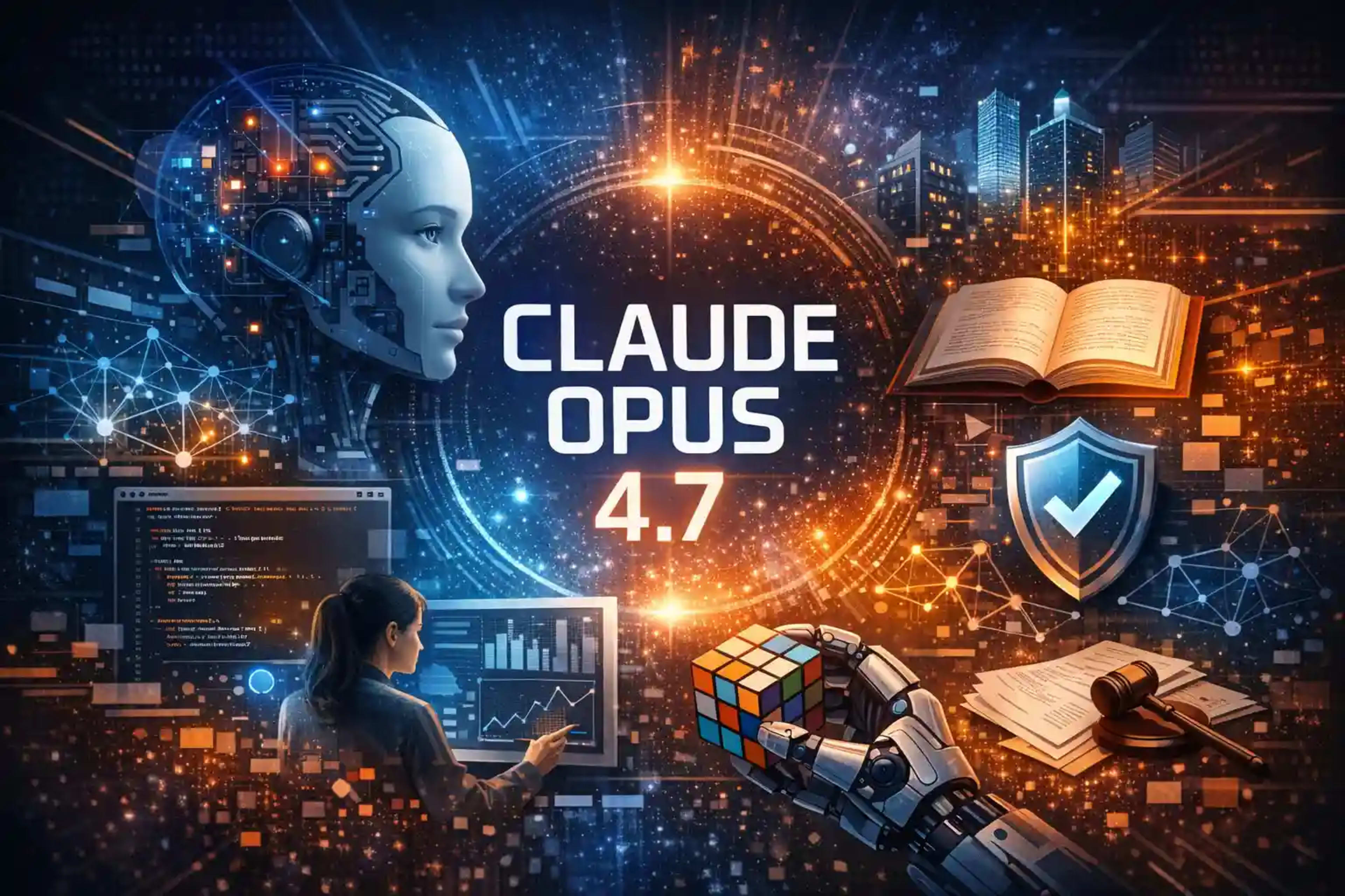 Claude Opus 4.7 AI features, coding, vision and automation illustration