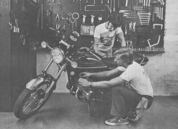 Working on a Kawasaki motorcycle at MMI in 1979.