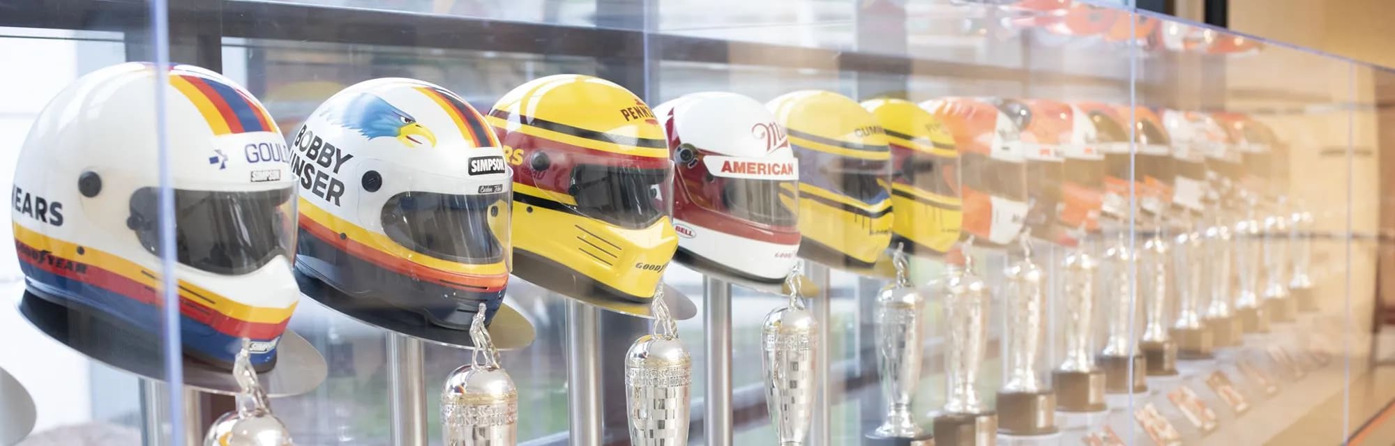 NASCAR helmet trophies on display