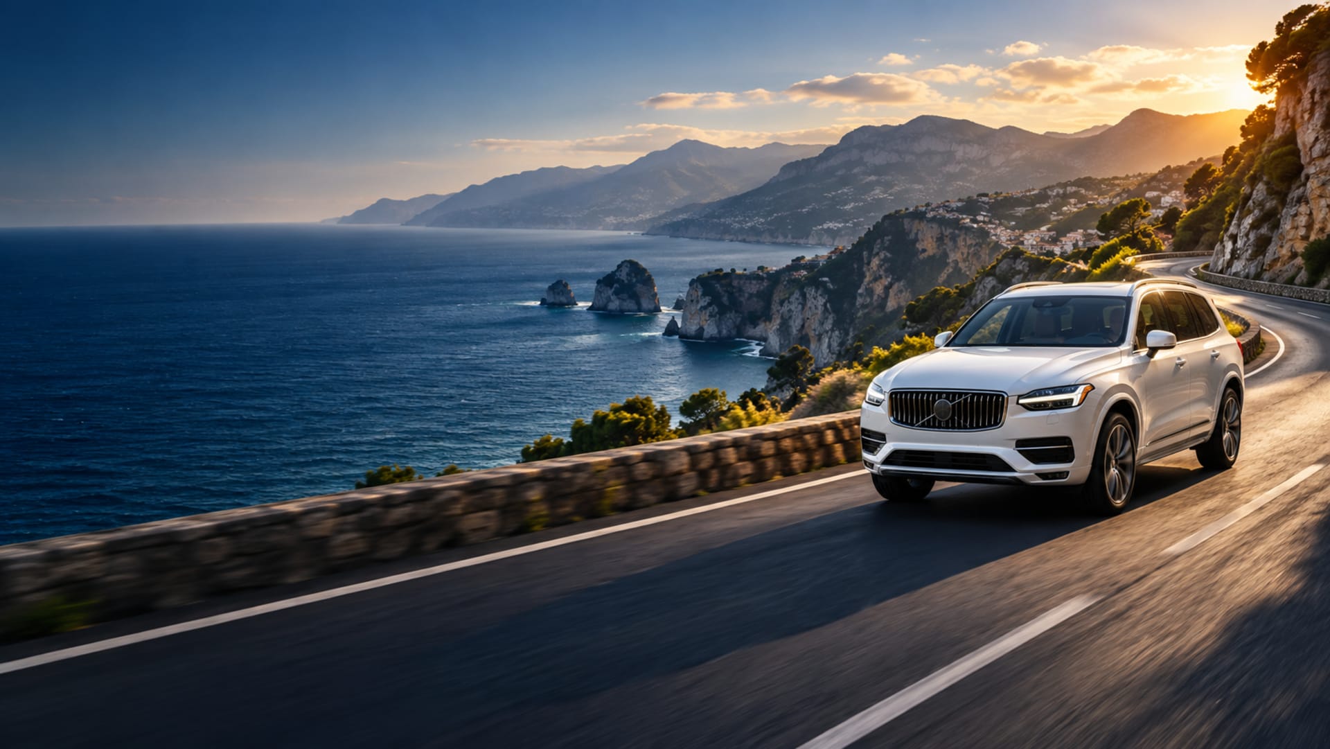 Premium car rental on a coastal road