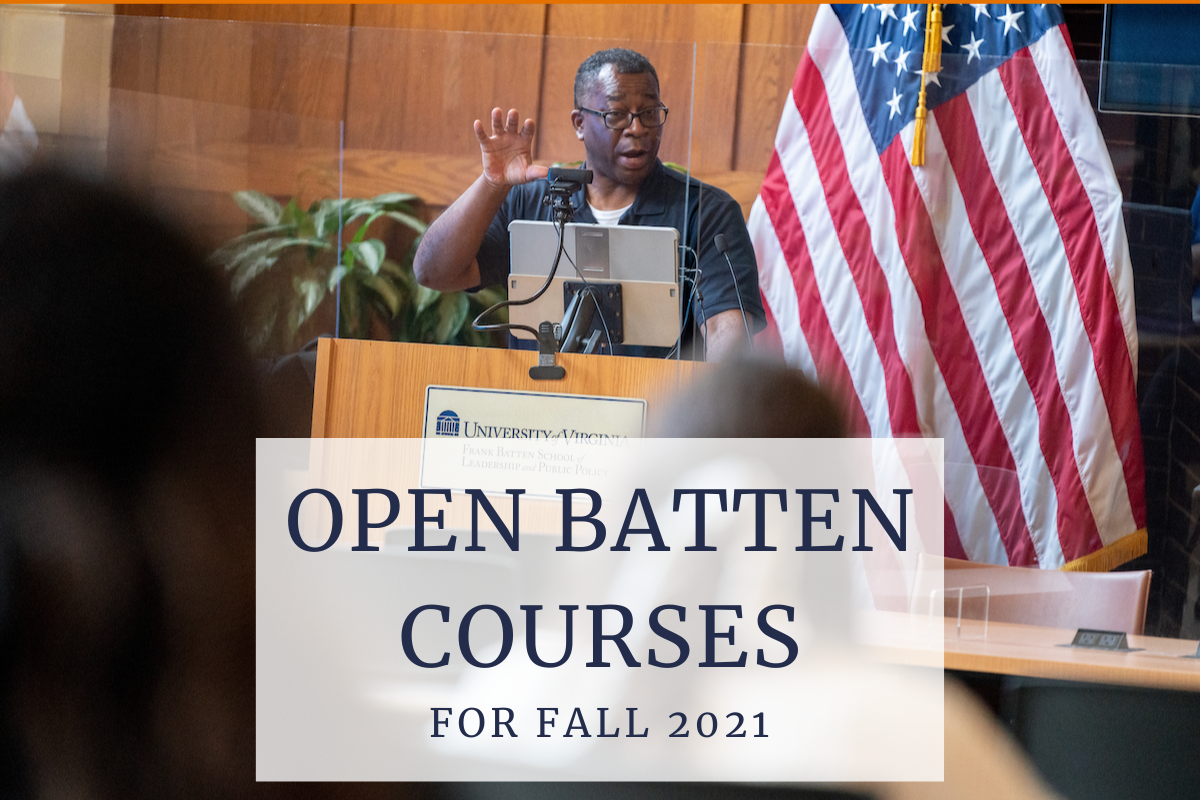 Professor giving a lecture at the front of the room with a text overlay that says Open Batten Courses for Fall 2021