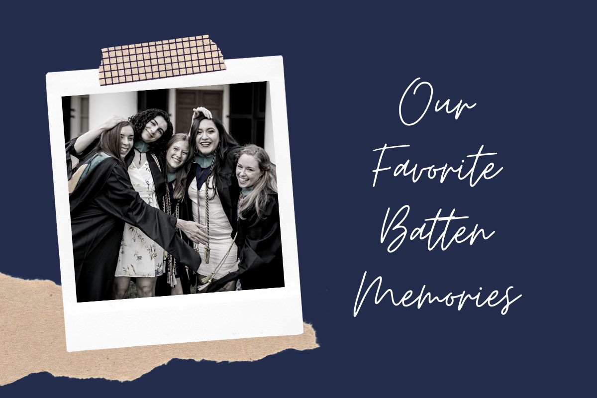 Students laughing at graduation, with text "Our Favorite Batten Memories"