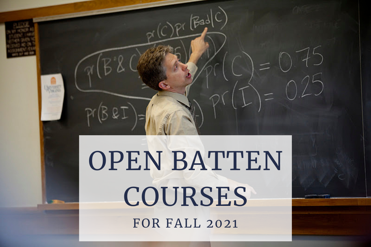 Teacher writing on blackboard in background, foreground features text that says Open Batten Courses for Fall 2021