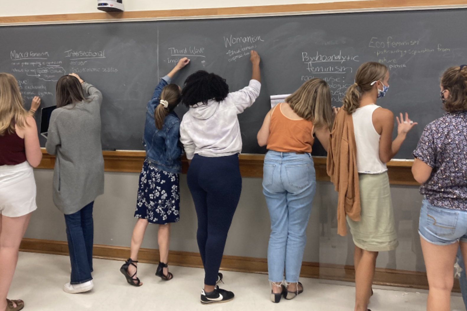 Women Students at a chalboard