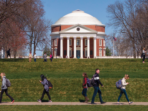 Students walking in front of Rotunda